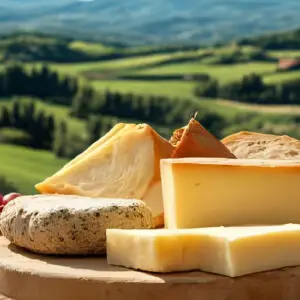 Traditional Tuscan cheeses with bread and grapes on a rustic wooden table, overlooking rolling hills and vineyards in the Italian countryside.
