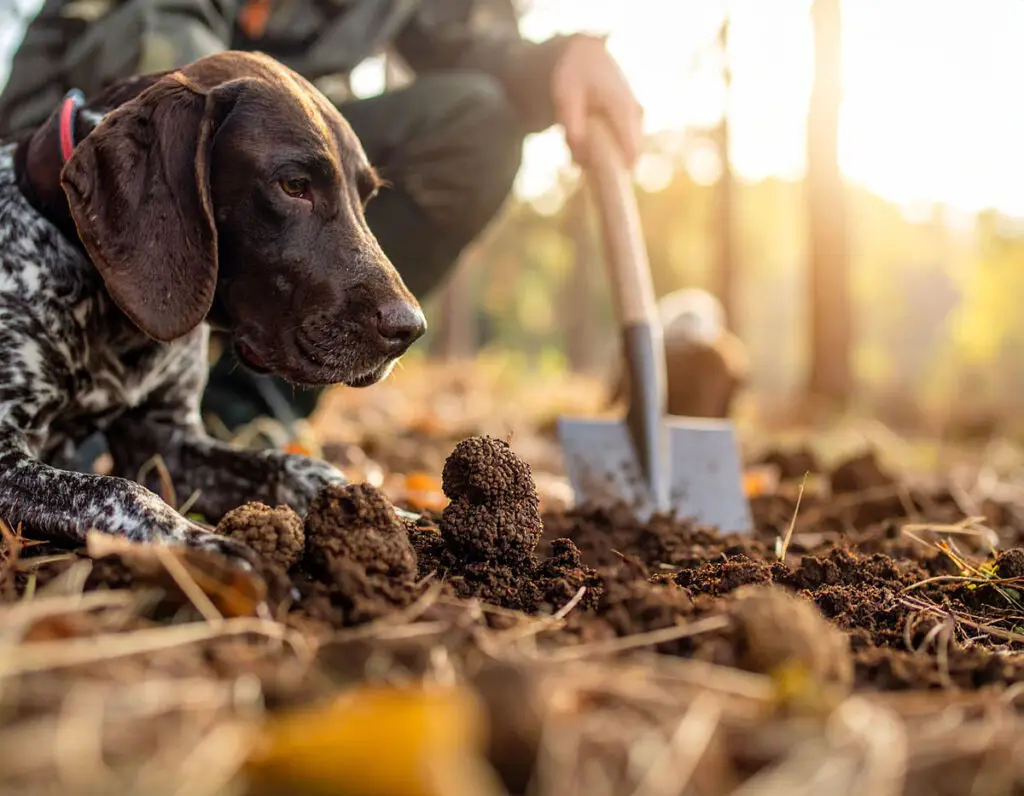 Truffle hunting dog in foreground digging in truffle hunting with its owner